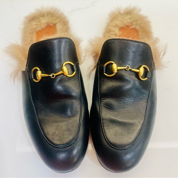 Gucci Princeton Fur Lined Horsebit Loafers- Black Leather Slides - Picture 8 of 9